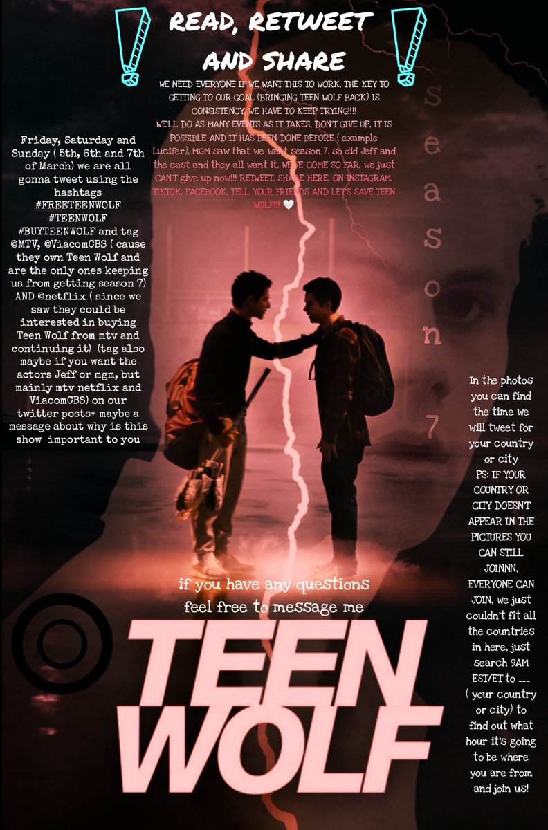 tinixstay's tweet photo. 🔊TEEN WOLF FANS❕❕❕

join us again as we tweet to save Teen Wolf this time on Friday, Saturday AND Sunday, EVERYONE CAN PARTICIPATE, we gotta show them we won't give up, don't lose hope!!!
LET'S GET SEASON 7 🤍🐺

#TeenWolf #FREETEENWOLF #buyteenwolf #teenwolfseason7 https://t.co/BpQpwwEyqI