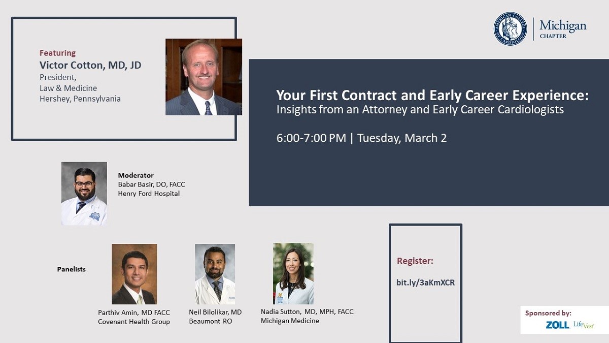 Saba Assar, MD ❤🦄 (@sabaassar) on Twitter photo Please join the <a href="/MichiganACC/">Michigan Chapter ACC</a> in discussing contract negotiations and early career experience this Tuesday, March 2nd at 6pm! Register: bit.ly/3aKmXCR
<a href="/Babar_Basir/">Babar Basir</a> <a href="/nadia_sutton/">Nadia Sutton</a> <a href="/ANbilolikar/">A. Neil Bilolikar</a> <a href="/cottonmdjd/">Victor Cotton MD JD</a> Please join the <a href="/MichiganACC/">Michigan Chapter ACC</a> in discussing contract negotiations and early career experience this Tuesday, March 2nd at 6pm! Register: bit.ly/3aKmXCR
<a href="/Babar_Basir/">Babar Basir</a> <a href="/nadia_sutton/">Nadia Sutton</a> <a href="/ANbilolikar/">A. Neil Bilolikar</a> <a href="/cottonmdjd/">Victor Cotton MD JD</a>