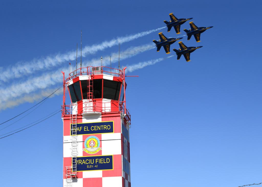 USNavy's tweet photo. "Negative Ghost Rider the pattern is full!"

The #USNavy Flight Demonstration Squadron @BlueAngels conducts a flyby of Naval Air Facility (NAF) El Centro control tower during joint show season preparations with @AFThunderbirds, Feb. 25. https://t.co/dQXk4MRTGw