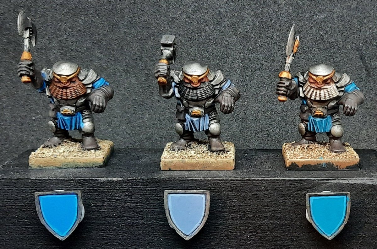 Spoogles's tweet photo. Work in progress colour tests for the next batch of Kings Of War dwarfs I have on commission. Trying to find a nice light blue for them that doesn't make them look like toddlers in rompers.
#hobbystreak day 58!
#manticgames #mantickingsofwar https://t.co/jKYxDtD9sH