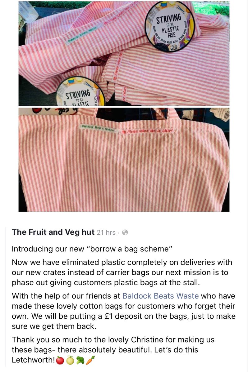 A new borrow a bag scheme from The Fruit and Veg Hut - pay a deposit to borrow a cloth bag in the hope of eliminating the need for plastic carrier bags. Bags supplied by <a href="/BeatsWaste/">Baldock Beats Waste</a>