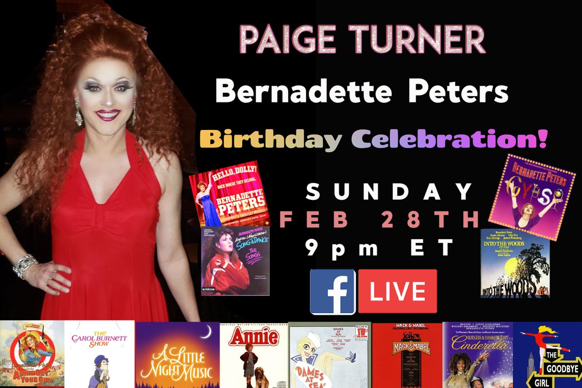 Paige Turner (@paigeturnernyc) on Twitter photo Tonight i will do an entire <a href="/OfficialBPeters/">Bernadette Peters</a> tribute show for her Birthday on Facebook Live at 9pm ET facebook.com/paige.turner.1… Hope to see you! #BernadettePeters Tonight i will do an entire <a href="/OfficialBPeters/">Bernadette Peters</a> tribute show for her Birthday on Facebook Live at 9pm ET facebook.com/paige.turner.1… Hope to see you! #BernadettePeters