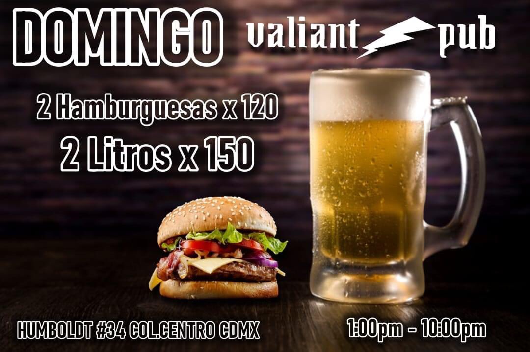 Los domingos en #ValiantPub son para romper la dieta, vente por una promo !!🍻🍻🍔🍔