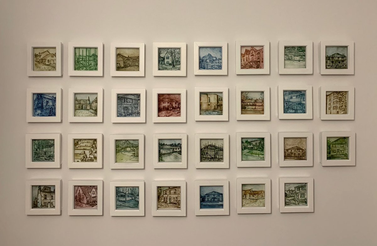 I’m very happy today as this is a job I’ve been meaning to do for ages.31 picture frames later &amp; lots of measuring(with the help of my daughter)means that my 31 little drypoint prints of all the houses I’ve lived in,are finally on the wall. I absolutely love them #drawingaugust
