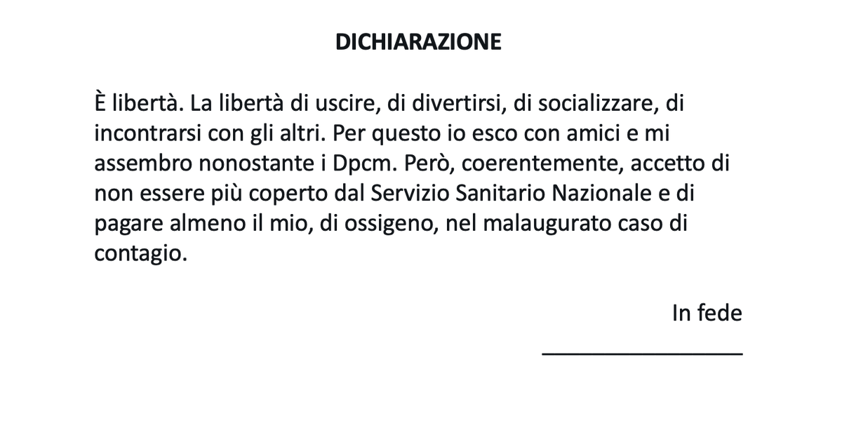 bravimabasta's tweet photo. Contestando una mia blanda considerazione sulla folla in Darsena, un amico mi ha spiegato che la sua "è libertà. La libertà di uscire, di divertirsi, di socializzare, di incontrarsi con gli altri". Per lui e per gli altri spiriti liberi, agevolo un'autocertificazione. #26febbraio https://t.co/hX9MDAhwIS