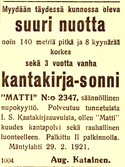 jouko_kokkonen's tweet photo. MyytÀvÀnÀ suuri nuotta ja rauhallinen kantakirjasonni. Savon Sanomat 1.3.1921 #Suomi1921 #nuotta #sonni #kantakirjasonni #Lapinlahti https://t.co/9tmcAPne79