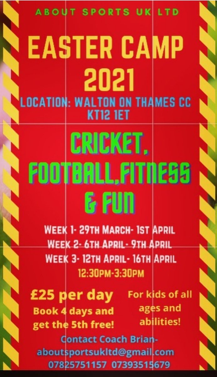 <a href="/WOTcricket/">Walton-on-Thames CC</a> <a href="/PRWotta/">WoTTA</a> 
Ages 4-15 
Boys and Girls
12:30 to 3:30pm 
For further info please contact 
Head coach Brian on aboutsportsukltd@gmail.com