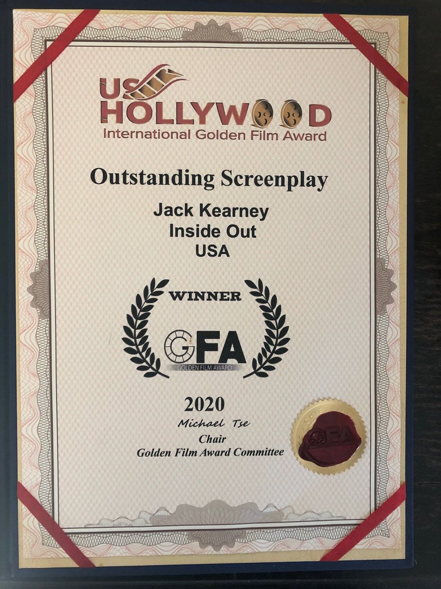 insideoutauthor's tweet image. I just got word that my certificate for my Outstanding Screenplay at GFA is being sent to me. They are holding the trophy until the next festival in December, so they can present to me.