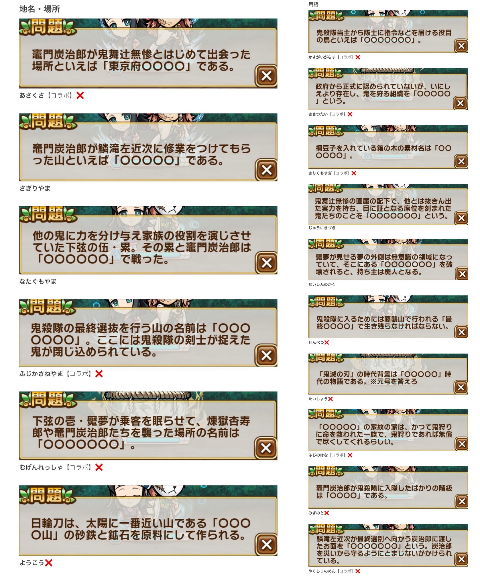 ゴリラの腰掛け 鬼滅の刃 検定クエスト こちらがクリア用に作ったカンペ 炭治郎の必殺技シリーズが特に鬼門だった 自分で答えを見つけたい人は見ないでね コトダマン T Co Kxhbyndeli Twitter