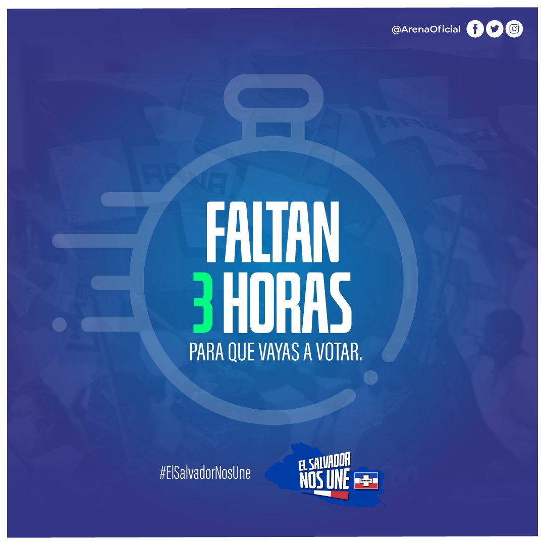 ARENAOFICIAL's tweet photo. ¡Aún tienes tiempo! Faltan 3 horas para salir a votar.
#Elecciones2021 #SVDecide https://t.co/SGoNNeHraS