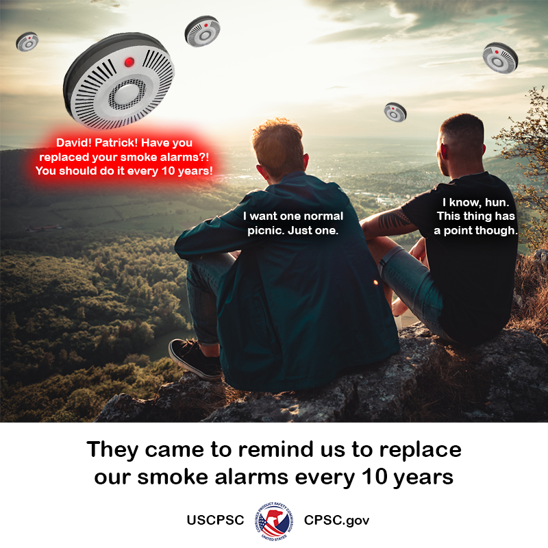 Two men, a couple, sitting on top of a hill over a town. There are smoke alarms descending from the heavens. One of the smoke alarms says, "David! Patrick! Have you replaced your smoke alarms? You should do it every 10 years!" One man turns to the other and says, "I just want one normal picnic. Just one." The other man replies, "I know, hun. This thing has a point though." The text reads: They came to remind us to replace our smoke alarms every 10 years.
