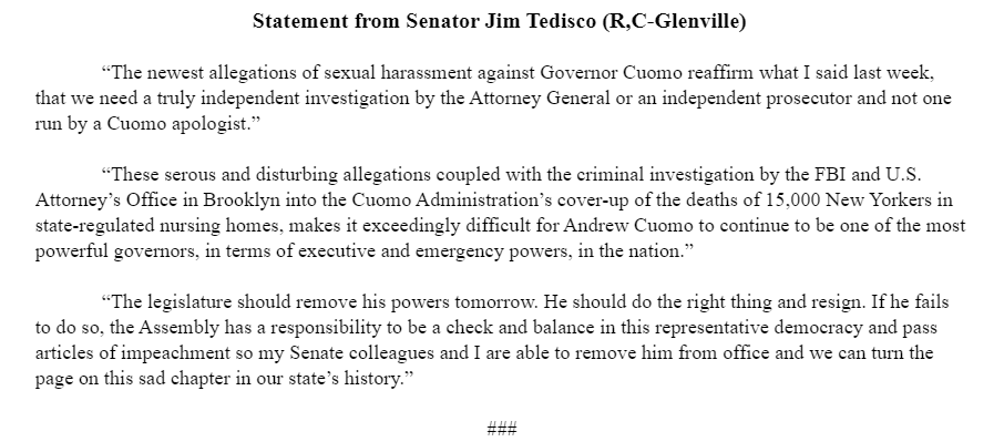 GiulianaBrunoTV's tweet photo. NEW: @JamesTedisco calling for swift removal of @NYGovCuomo's executive and emergency powers, as well as the Gov's resignation. More reaction from NYS leaders: https://t.co/GXCMy3ewrr @WTEN https://t.co/pt53pTvB4w