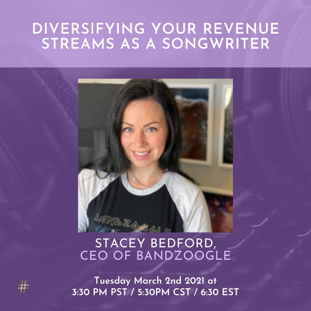 Our fourth panelist for our Diversify Revenue webinar is Stacey Bedford! Hired as <a href="/bandzoogle/">Bandzoogle</a>'s very first support technician in 2007, she was named CEO of the music website platform in 2018. Be sure to join us tomorrow! runtheworld.today/app/invitation…
