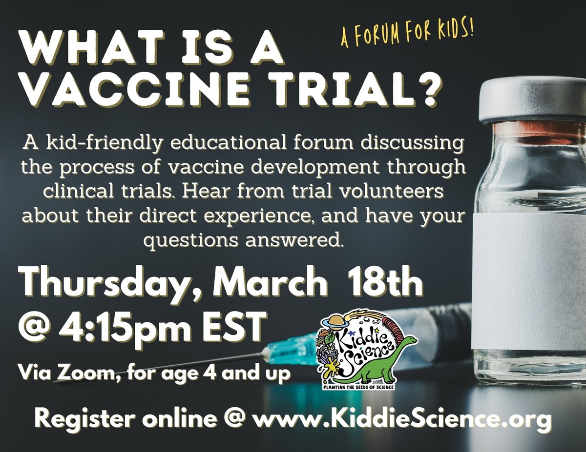 KiddieScience's tweet image. Kiddie Science presents, a free, kid-friendly educational forum for age 4 and up! We discuss the process of vaccine development and learn some of the related scientific vocabulary. Register online- form.jotform.com/210528234816958