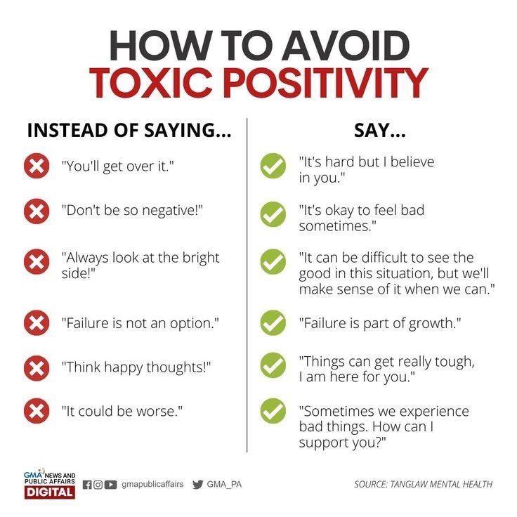 SupernovaMomma's tweet photo. Toxic Positivity. 
I’m so sorry you are dealing with that. Here are some options for those who don’t know what to say when people are honest about their negative feelings when you ask, “How you doing?” https://t.co/9JCcvOVQ4s