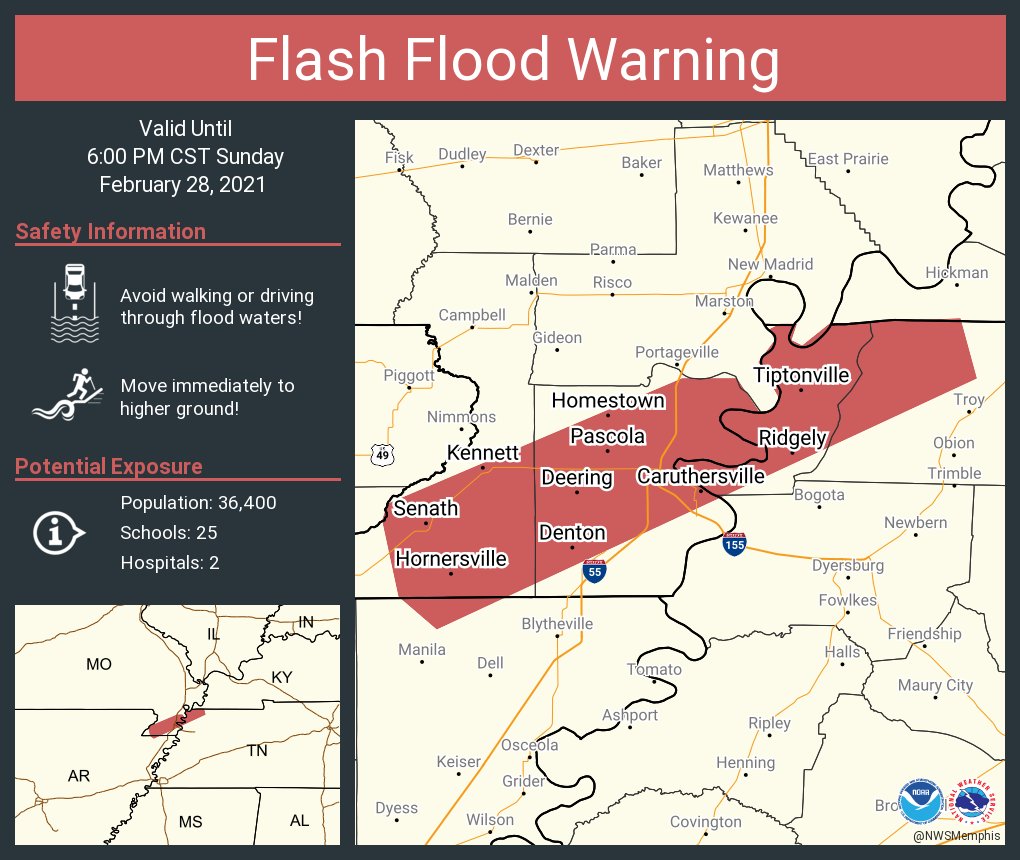 NWSFlashFlood's tweet photo. Flash Flood Warning including Kennett MO, Caruthersville MO, Tiptonville TN until 6:00 PM CST https://t.co/KZ6UAXzj5R