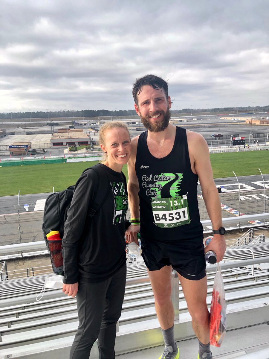 RedCedarRun's tweet photo. Back in Atlanta in some humid conditions but solid times were Libby (1:19:09) and Ryan (1:20:46) Bigelow for half marathon! Yes, they ran part of the race on the speedway! #redcedarstrong https://t.co/BnUHzd7LpM