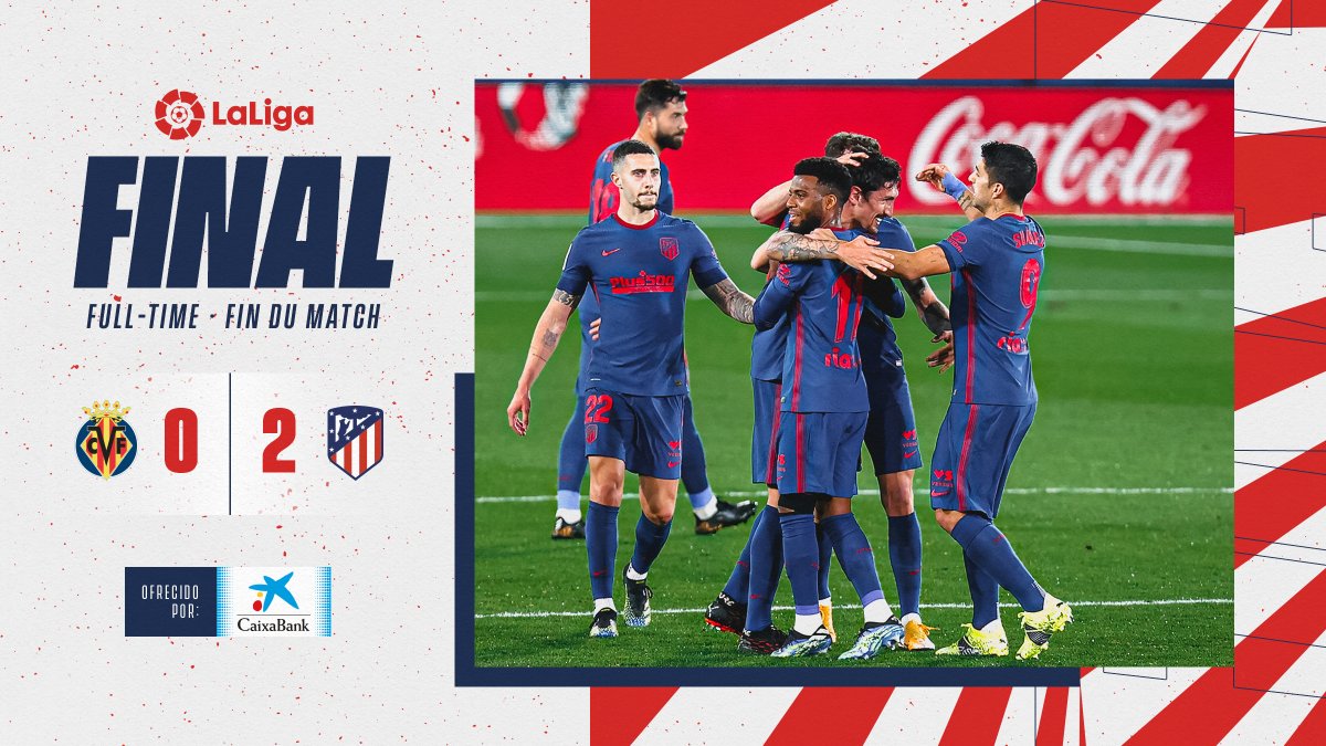 Atleti's tweet image. ⏱ 90&apos;+2’ |  #VillarrealAtleti 0️⃣ -2⃣
 
¡¡𝗙𝗜𝗡𝗔𝗔𝗔𝗟!! ⏹ ‼️❕‼️ Nos llevamos 3⃣ 𝗽𝘂𝗻𝘁𝗼𝘀 vitales de un campo muy difícil ‼️❕‼️ 
 
🔴⚪#AúpaAtleti