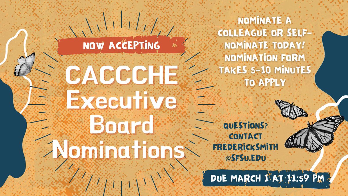 CaCCCHE's tweet photo. Nominations for CaCCCHE Executive Board positions are open until tomorrow, March 1 at 11:59 PM PST. Join our community and apply to take on a leadership role within our org.

CaCCCHE members, check your email and self-nominate or nominate a colleague today! https://t.co/SJR9A6O0Yn
