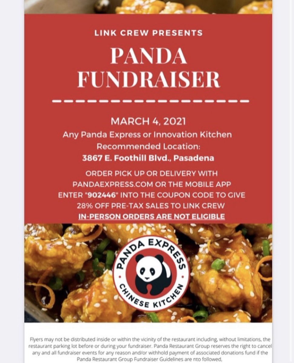 Guess what? Link Crew is having another Panda Express fundraiser!!!🤩 On March 4th, come get a super yummy lunch, dinner, snack, or even breakfast from Panda Express. Make sure to use the code, 902446, at checkout to support Link Crew!❤️🐼