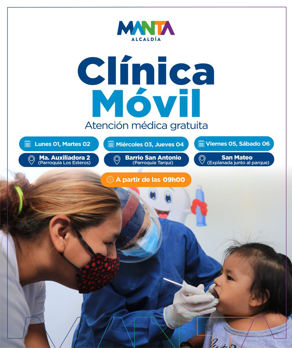 MisiondelCambio's tweet photo. La Clínica Móvil Municipal estará atendiendo en los siguientes barrios, asiste con tu familia para que recibas chequeos médicos y entrega de medicamentos sin costo.

#FirmesConElCambio #MantaEstáEnTusManos #MantaPreviene #VolVerConResponsabilidad https://t.co/leBMtOJ5Uy