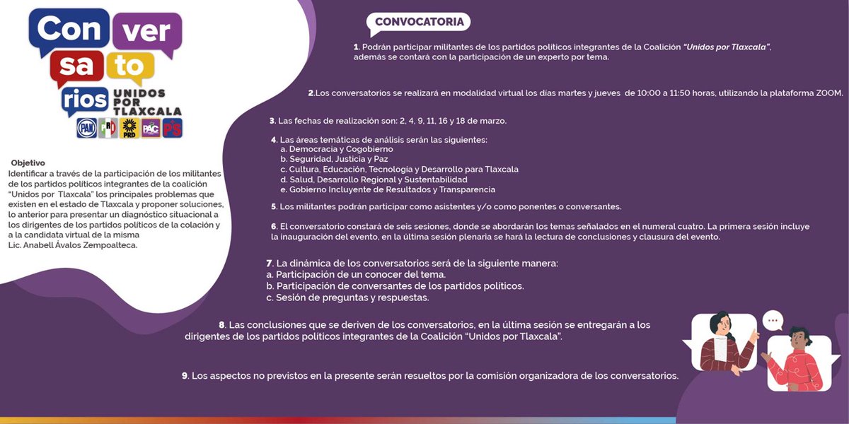 Los partidos que integran la coalición #UnidosXTlaxcala 🔵🔴🟡🟣🔵  invitan a toda su militancia a participar 🤜🤛 en el ciclo de #Conversatorios ¡no te quedes fuera!

🗓 2,4,9,11,16 y 18 de marzo de 2021.
⏰ 10:00 horas
📲 Vía Zoom 💻

#AcciónQueNosUne
#AcciónNacionalTlaxcala