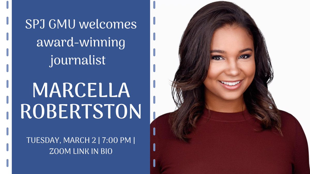 GMasonSPJ's tweet photo. SPJ GMU is so excited to welcome award-winning journalist Marcella Robertson this Tuesday, March 2 at 7PM EST! @Marcella_Rob is a Virginia native and proud GMU alumna who currently works at WUSA9 in Washington, D.C. 

Zoom link for our Q&amp;A session with Marcella is in our bio! https://t.co/cJVJGJeCR2