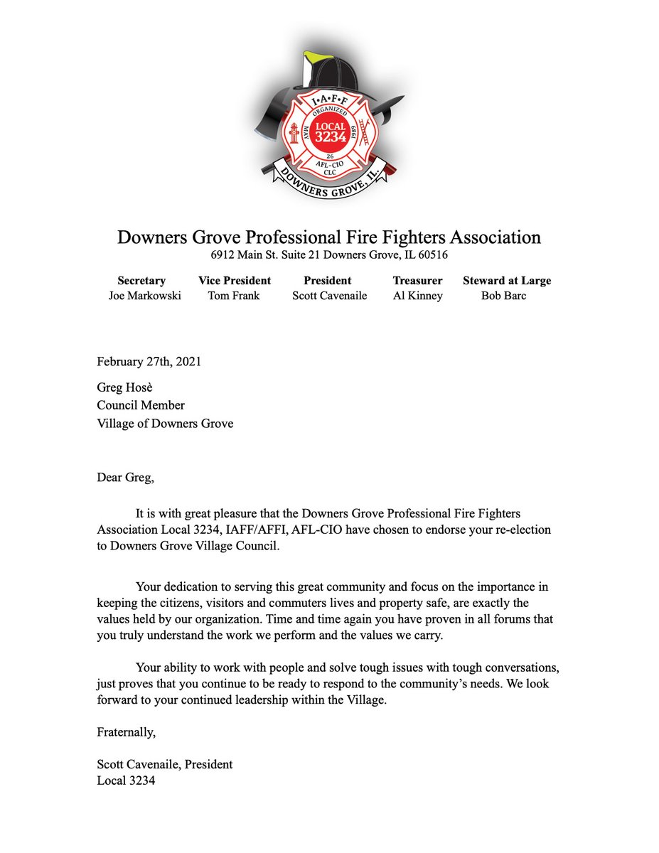 VoteGregForDG's tweet photo. Thank-you to the men and women of the Downers Grove Professional Firefighters Association for their overwhelming endorsement for re-election to our Village Council.  To have the continued support and endorsement of this group of local heroes means the world to me. https://t.co/zrerhLzJ8d