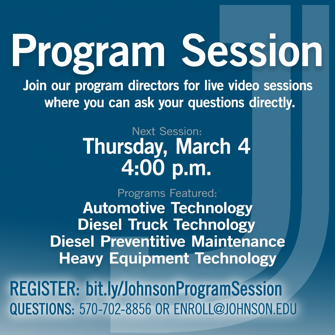 Join our team on 3/4 at 4pm for a live video session where you can ask your questions about our Automotive Technology, Diesel Truck Technology, Diesel Preventative Maintenance, and Heavy Equipment Technology programs. Register here: johnson.edu/events/program… #WeWork #JCEssential