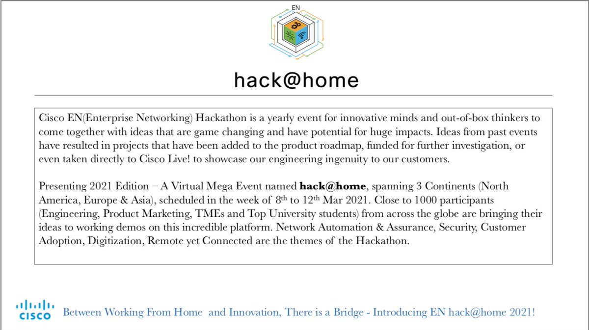 jimitmmehta's tweet photo. Very excited for #ENHack@Home2021 mega event taking place in week of 12th March. Looking forward to yet another innovative and energy filled hackathon and one of the largest one in Cisco with 1000 participants. This time its virtual! #ENHackathon2021 https://t.co/qATNEzRN2n