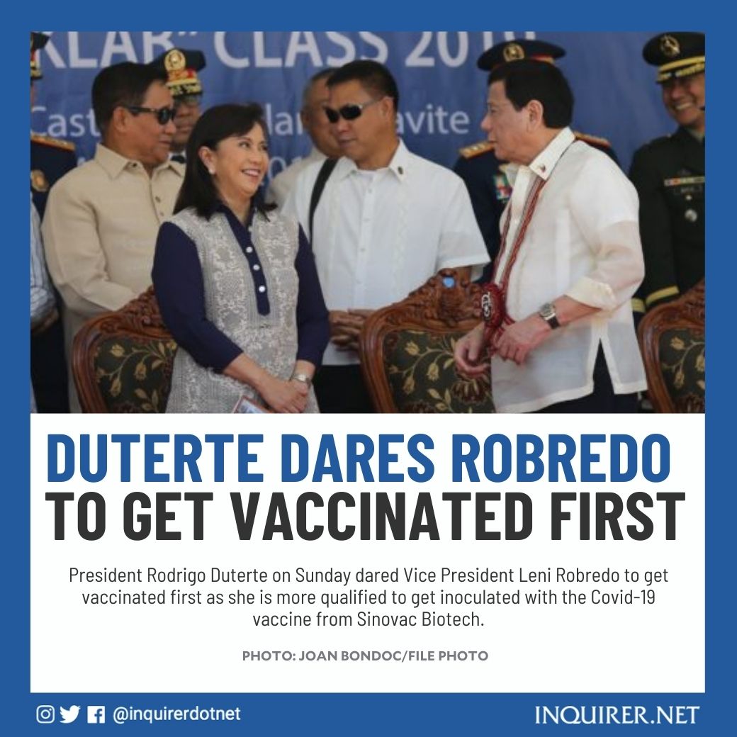 inquirerdotnet's tweet photo. “Siya [Robredo] man ‘yong apurado, siya ang mauna. Ako, I cannot just decide. She’s young, I am not. I have to defer to my doctor,” Duterte said in a press conference after the turnover of the Sinovac vaccines. https://t.co/zAGktAoD9m https://t.co/OmpHbFdUr1