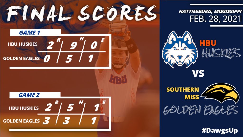 HCUAthletics's tweet photo. Final: @HBUSoftball 1, Southern Miss 1. Huskies split a double header with the Golden Eagles, winning 2-0 in game one and falling 3-2 in game two. #DawgsUp https://t.co/TsN3XkucQL