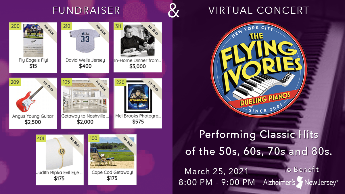 Join us for our next virtual event on Thursday, 3/25! A #VirtualConcert feat. 
<a href="/flyingivoriesdp/">The Flying Ivories</a> dueling pianos! We're hosting a #SilentAuction as part of our fundraiser. Start bidding &amp; get your tickets to join us: bit.ly/3rGqsQy 🎹  

#Alzheimers #NewJersey #JerseyProud