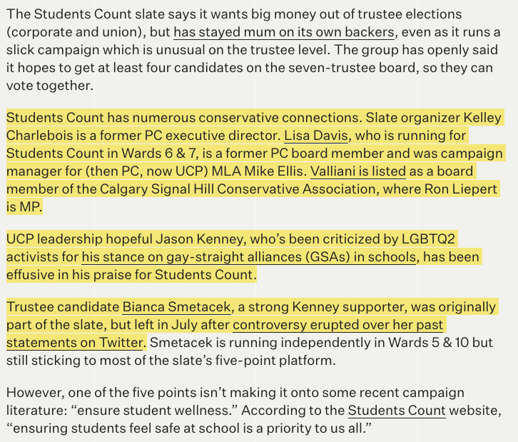 I can't quote all of this  @sprawlcalgary article in one tweet. Do read the whole thing if you have time. It looks like Kenney was very supportive of the "Students Count" slate. #ableg