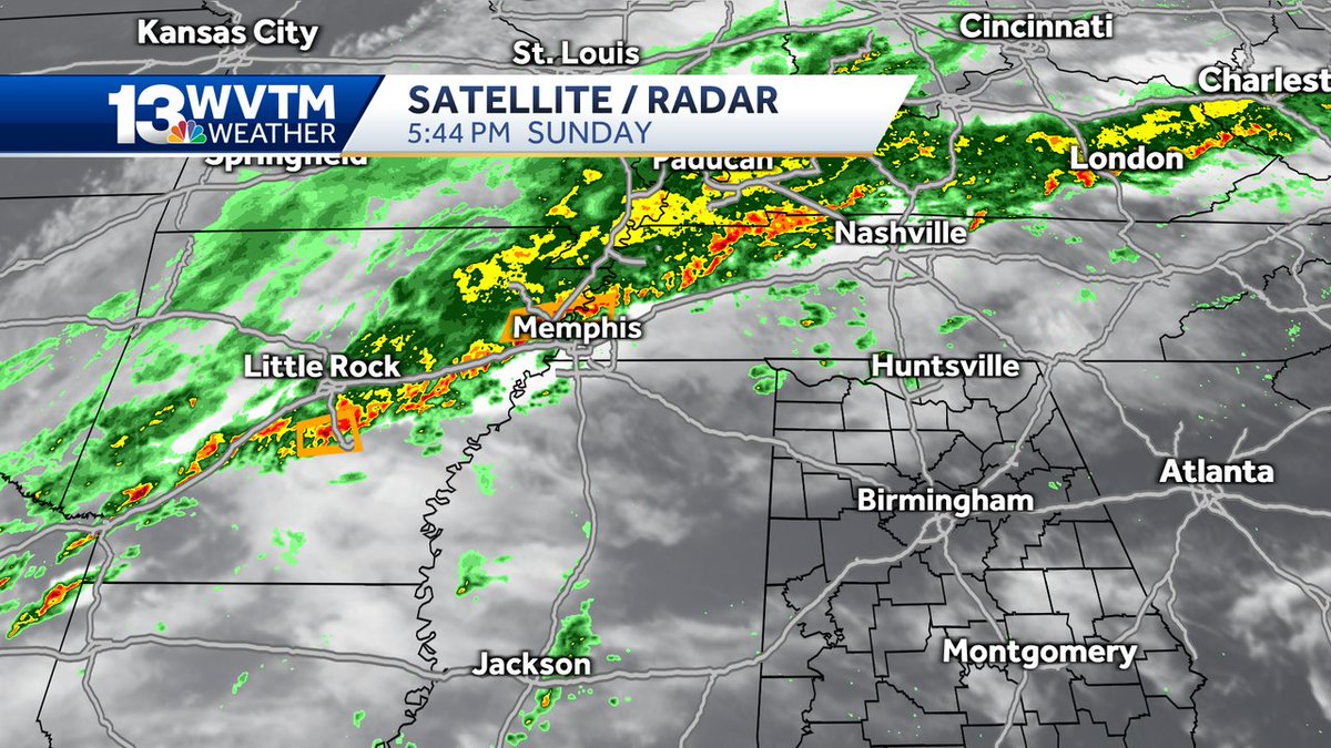 RIGHT NOW - Line of storms through west Tennessee and Arkansas moves our way late this evening and overnight. A severe storm or two possible, with damaging winds gusts and an isolated tornado. Greatest threat in NW Alabama. https://t.co/bL92OLdeOz