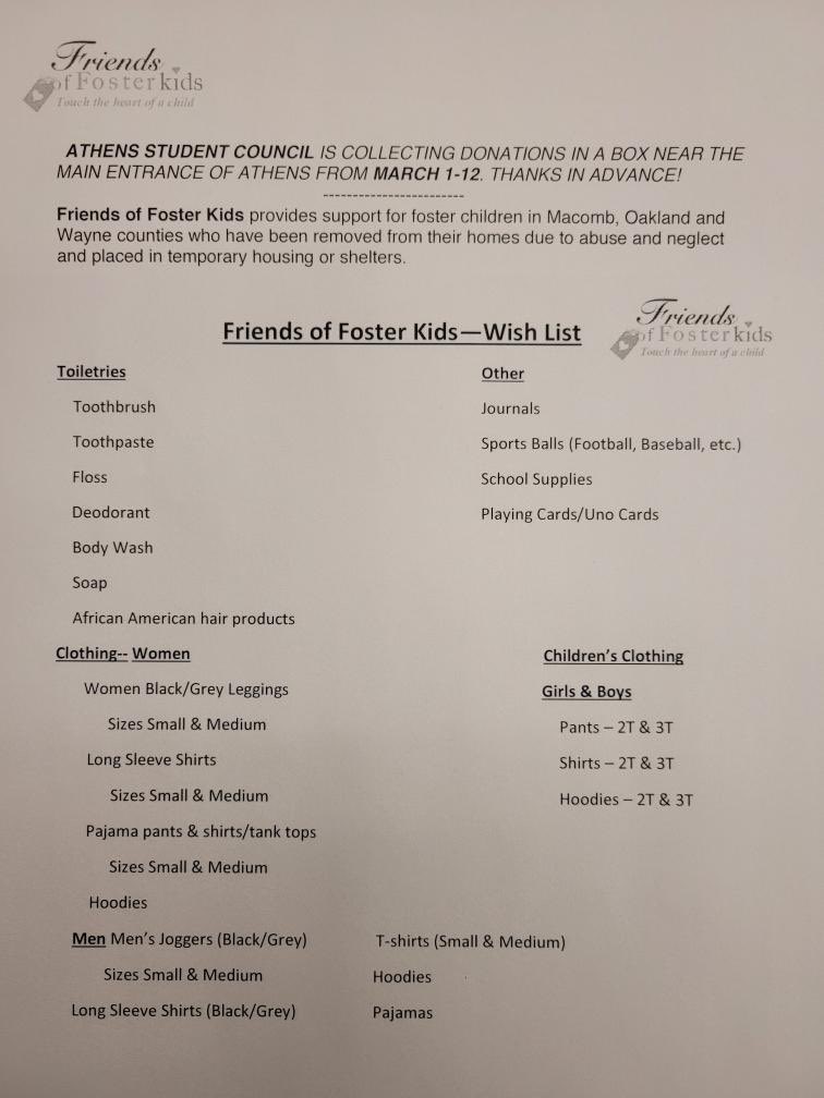Athens StuCo #redhawkpride (@athensstuco) on Twitter photo We are collecting donations for Friends of Foster Kids near the main entrance of Athens starting tomorrow March 1st through the 12th! Make sure to donate! #serve <a href="/athens_pto/">Athens PTO</a> <a href="/athens_boosters/">Athens Boosters</a> We are collecting donations for Friends of Foster Kids near the main entrance of Athens starting tomorrow March 1st through the 12th! Make sure to donate! #serve <a href="/athens_pto/">Athens PTO</a> <a href="/athens_boosters/">Athens Boosters</a>