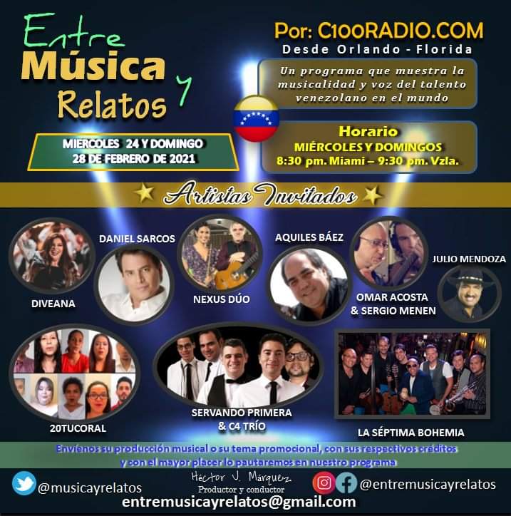 Hoy domingo, disfruta de 🎙️ "Entre música y relatos" por c100radio.com
🇺🇸8:30 pm Miami 
 🇻🇪9:30 pm Venezuela