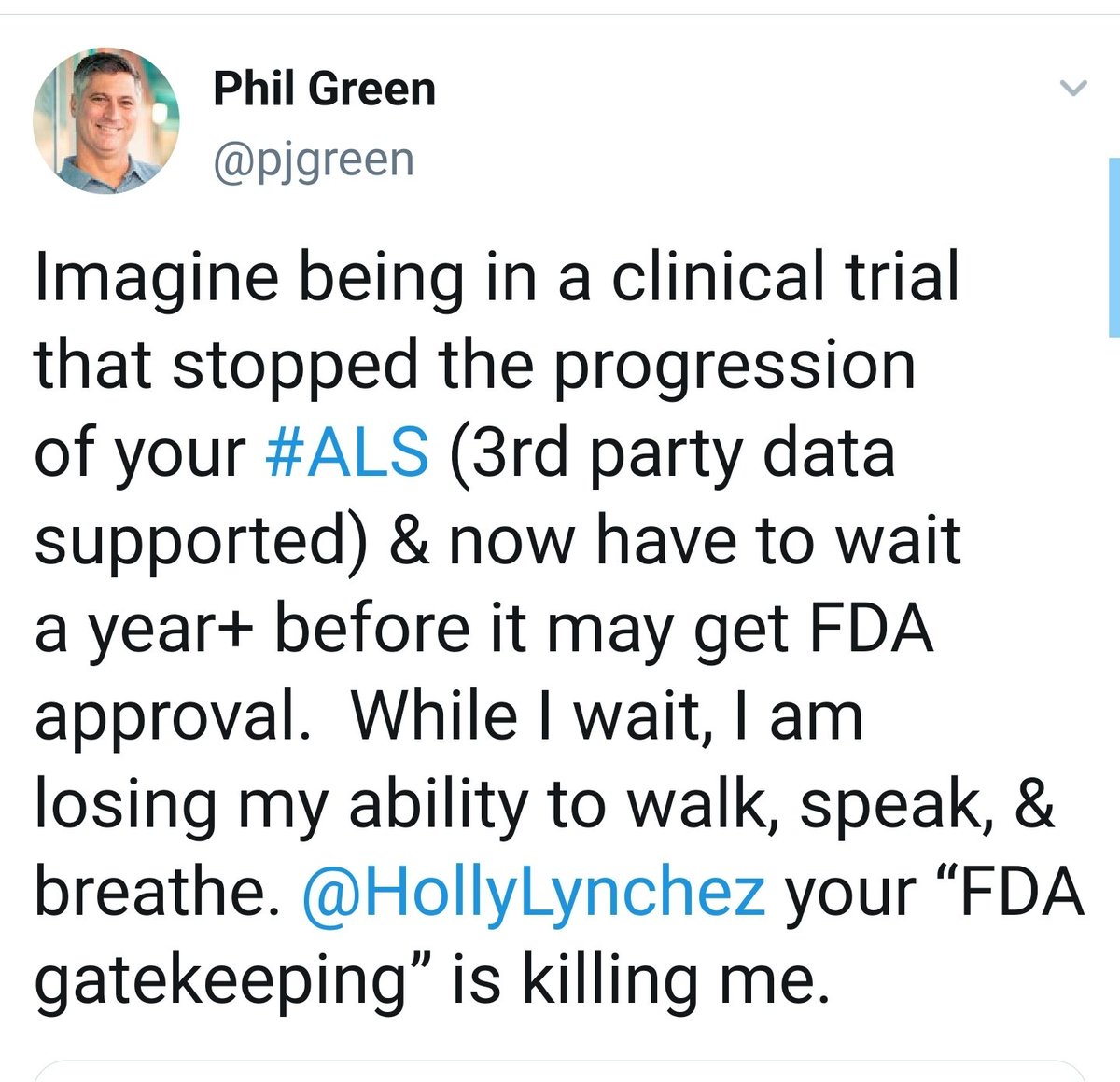 Let's PLEASE clarify! What <a href="/DrWoodcockFDA/">Dr. Janet Woodcock</a> and <a href="/FDACBER/">FDA Biologics</a> say about #NUROWN is just wrong. I can assure you: if you are dying from #ALS while personally seeing MULTIPLE patients receive HALTED progression from the exact same trial you are in, THIS IS 100% "SIGNIFICANT" IN EVERY WAY.