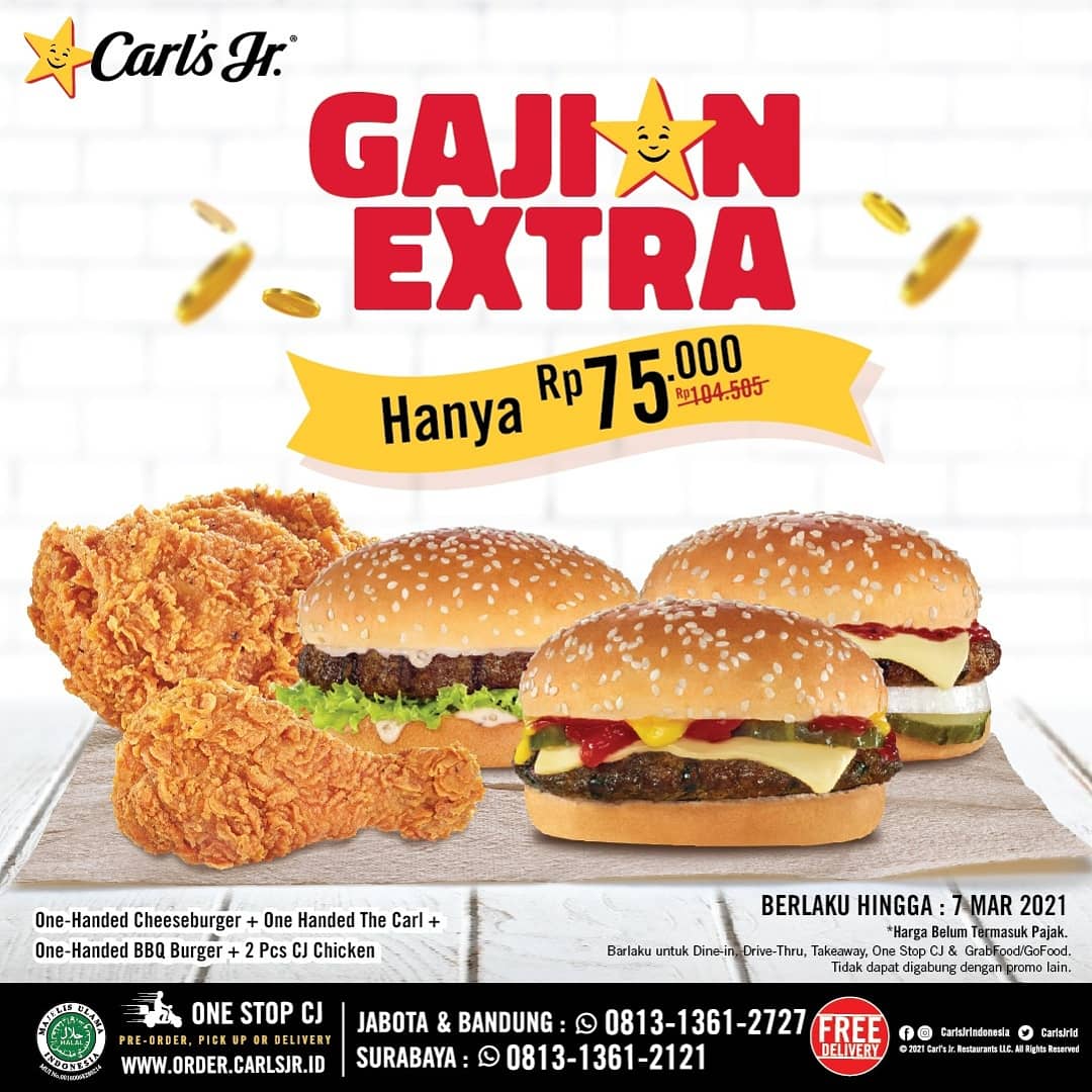 Promo Gajian Extra dengan harga khusus 75K 50% kalian sudah mendapatkan 2pcs CJ Chicken, One Handed Cheeseburger, One Handed The Carl dan One Handed BBQ Burger.
Promo berlaku hingga 7 Maret 2021.

Yuk kunjungi @carlsjrindonesia di #LotteAvenue LG !

#CarlsJrID #lotteavenue