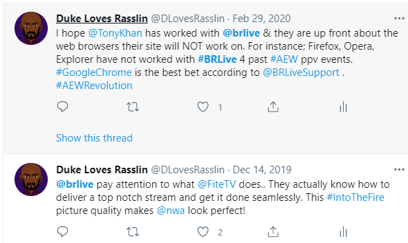 DLovesRasslin's tweet photo. @IronyNOW @brlive @BRLiveSupport Shouldn't be that way. @TonyKhan should figure out why @brlive continues to do a subpar job handling @AEW streams. I've been on them for two years now over this! https://t.co/zEEoWuoRGB