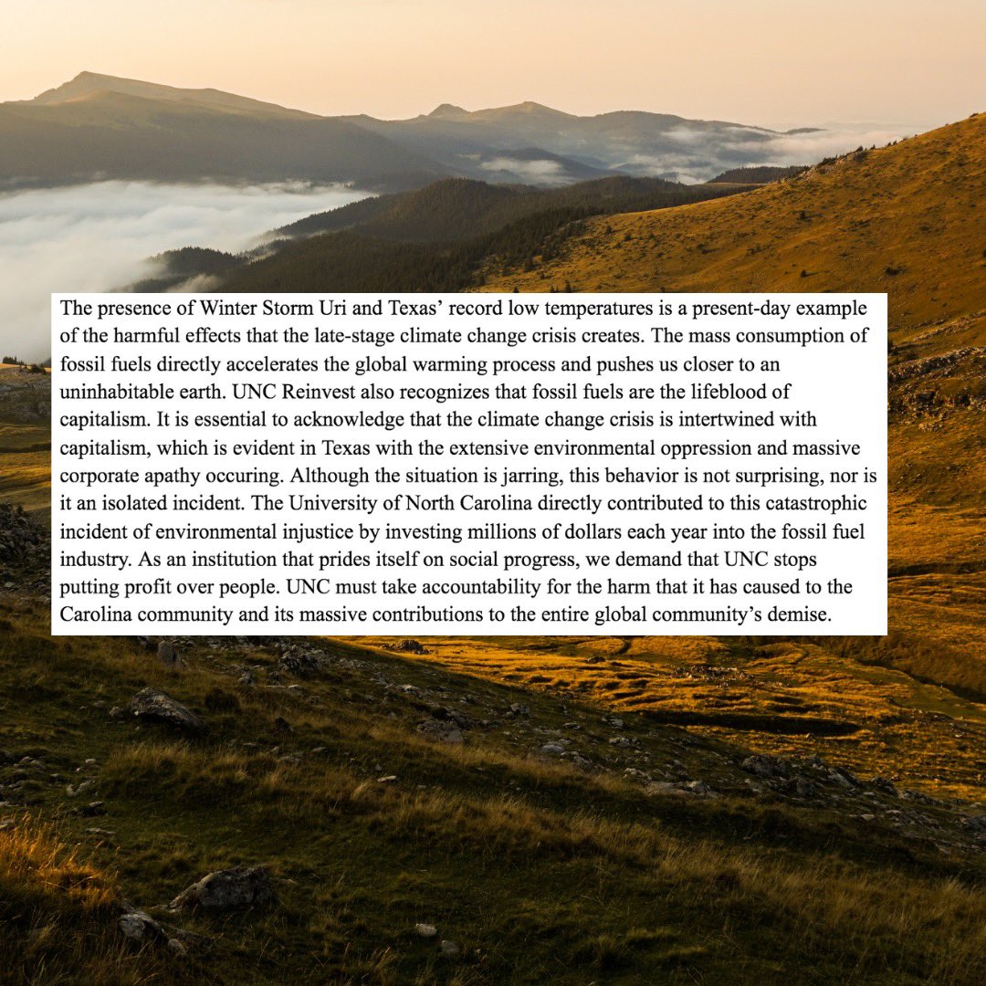 unc_reinvest's tweet image. Although the climate crisis in Texas and the surrounding south has petered out of mainstream media headlines, we believe this is an ongoing crisis and we must hold UNC accountable for their actions.