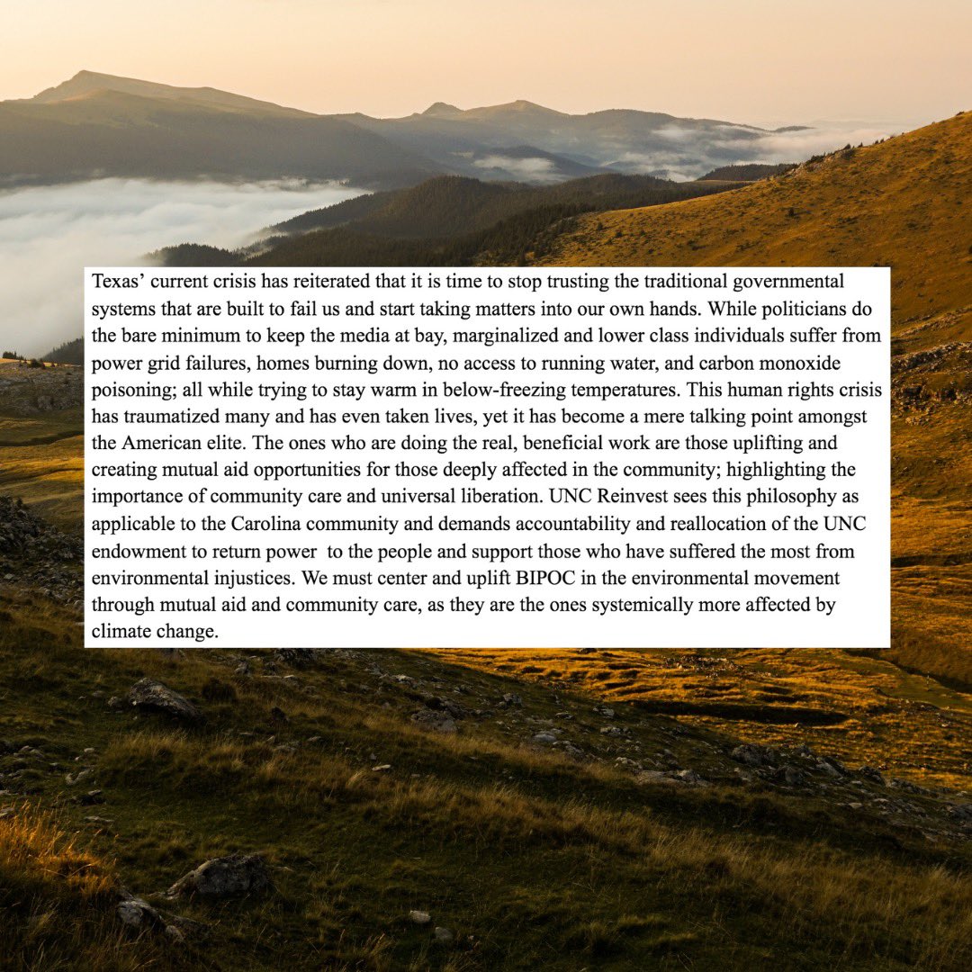 unc_reinvest's tweet image. Although the climate crisis in Texas and the surrounding south has petered out of mainstream media headlines, we believe this is an ongoing crisis and we must hold UNC accountable for their actions.