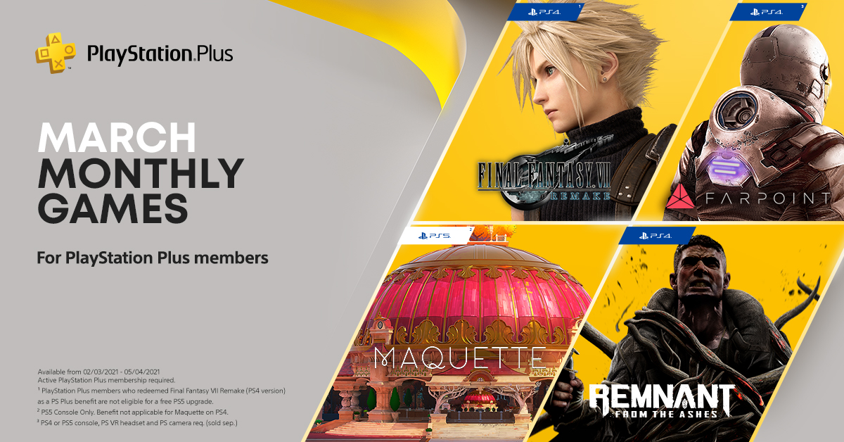 Your March PS Plus games: Final Fantasy VII Remake, Remnant: From the Ashes, Maquette and Farpoint – VR: https://t.co/eX2cyHSp7c https://t.co/L1YwxQwwzc