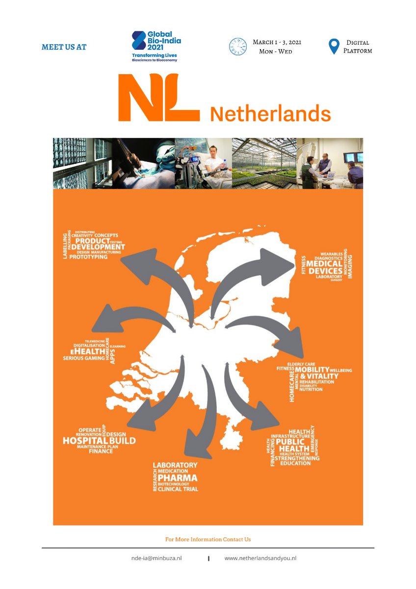 🇳🇱 is pleased to partner with <a href="/BIRAC_2012/">DBT-BIRAC</a> for #GlobalBioIndia2021 from 1-3 Mar 

We've an interesting lineup of 🇳🇱 speakers in #robotics, #startups, #agritech &amp; #blueeconomy 🤖☘️🚀

Register for the sessions: bit.ly/37LcLIl &amp; watch this space for more updates 🤝🇳🇱🇮🇳🏥🧬