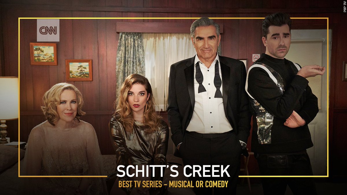 CNN's tweet photo. “Schitt’s Creek” wins best television series - musical or comedy #GoldenGlobes https://t.co/tCXCirCwhb https://t.co/JxTuWQiqc4