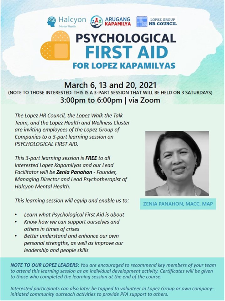 lopezlinkph's tweet photo. Register now for the ‘Psychological First Aid for Lopez Kapamilyas’ on Mar 6, 13 and 20 https://t.co/6vdNcV5qYz

#LopezGroupHR #HRCouncil #LopezWalktheTalk #kapamilya #arugangkapamilya #evite #zoommeeting #webinar #mentalhhealth #employeewellness #lopezgroup https://t.co/GzDmykuhBn