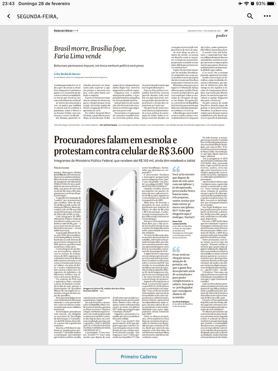 giovanigrizotti's tweet photo. Na Folha desta segunda: “procuradores da República falam em “esmola” ao protestar contra celular funcional de R$ 3.6 mil (IPhone SE). https://t.co/HYVOFLR4lR