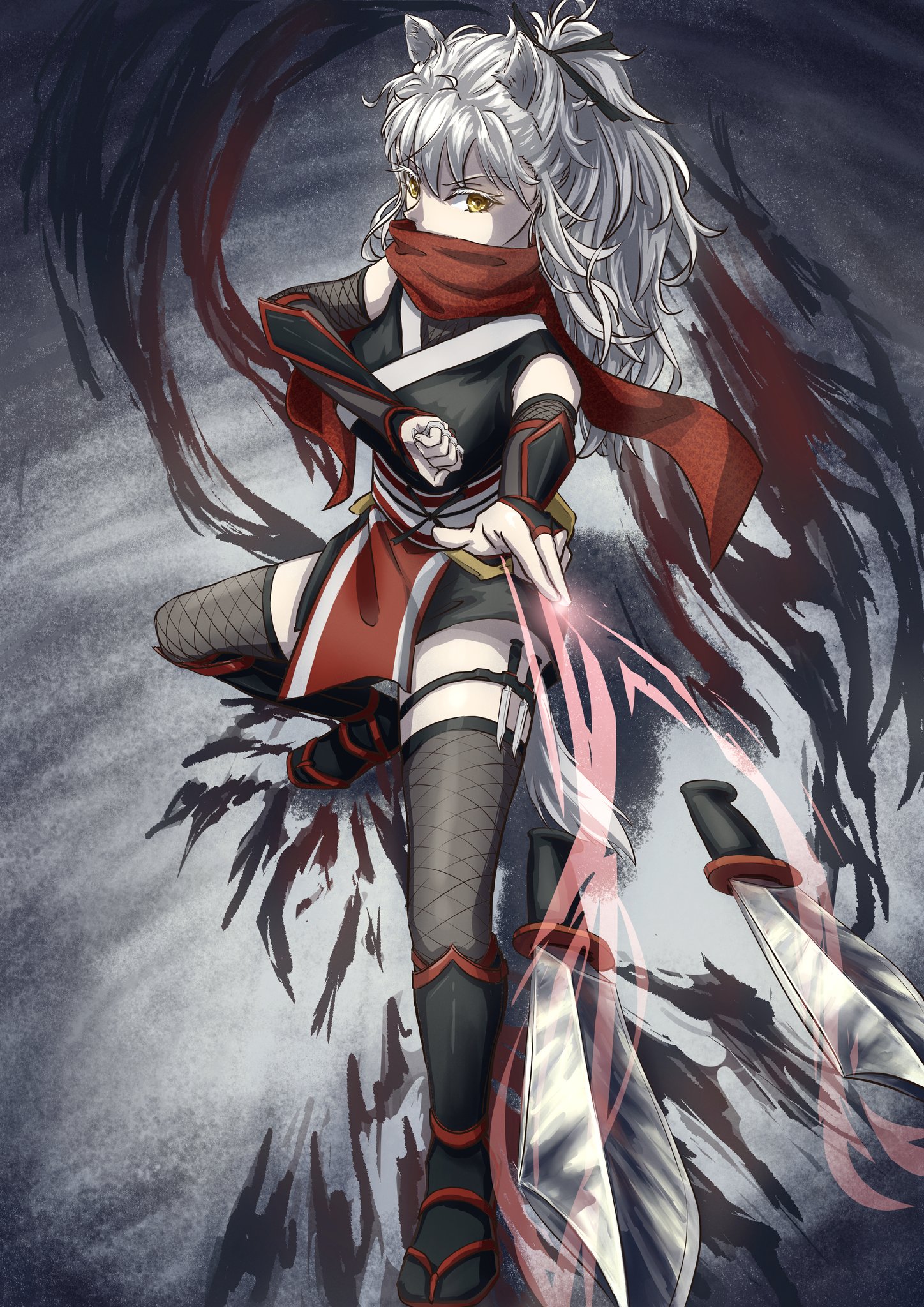 かはたれ色の勾玉 イラスト垢 ファンタジーキャラクター 第四弾 銀狼のくノ一 名前は薫狼 かおろ です 服 は和装だけれど武器は洋風のものを使うごちゃ混ぜファッション ファンタジーキャラクター ファンタジー デジタルイラスト イラスト くノ