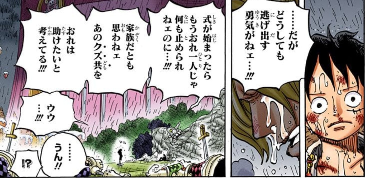 ハンセイ サンジは 父 の教えで女は蹴れない 一方で その性格から仲間を危険に晒すようなことはできず 自分で抱え込んでしまう という傾向があったわけですが 後者をwci編を経て乗り越えて 仲間を頼る覚悟 を身に着けたということなので