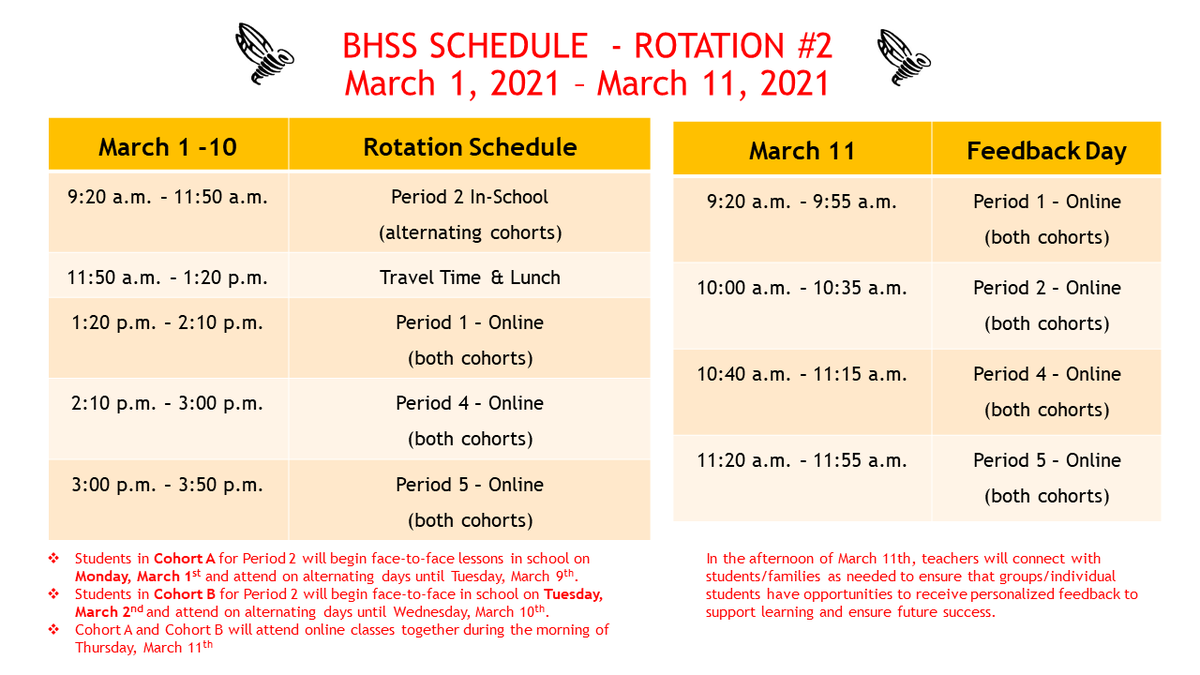 BillHogarthSS's tweet photo. Hello Hornets!  Here is the schedule for the next rotation with Period 2 classes taking place in person.  We look forward to seeing Cohort A in person on Monday and Cohort B in person on Tuesday. https://t.co/Zwya2rM8jR